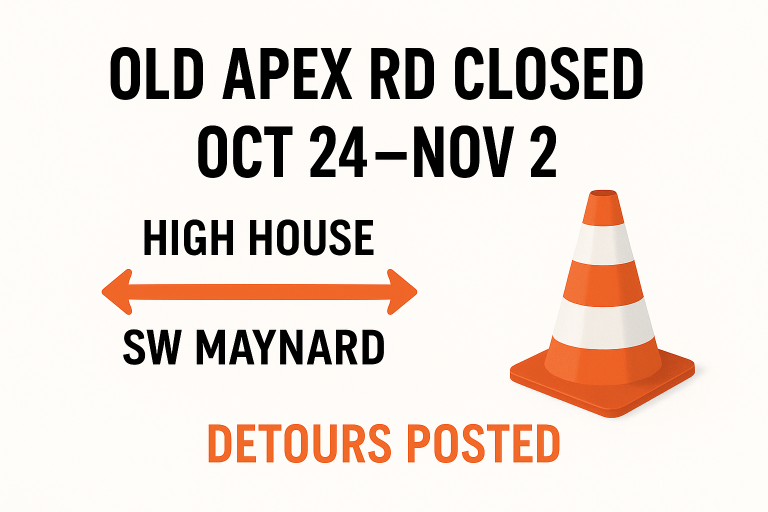 Section of Old Apex Road to Close Oct. 24–Nov. 2 for Water Main Work