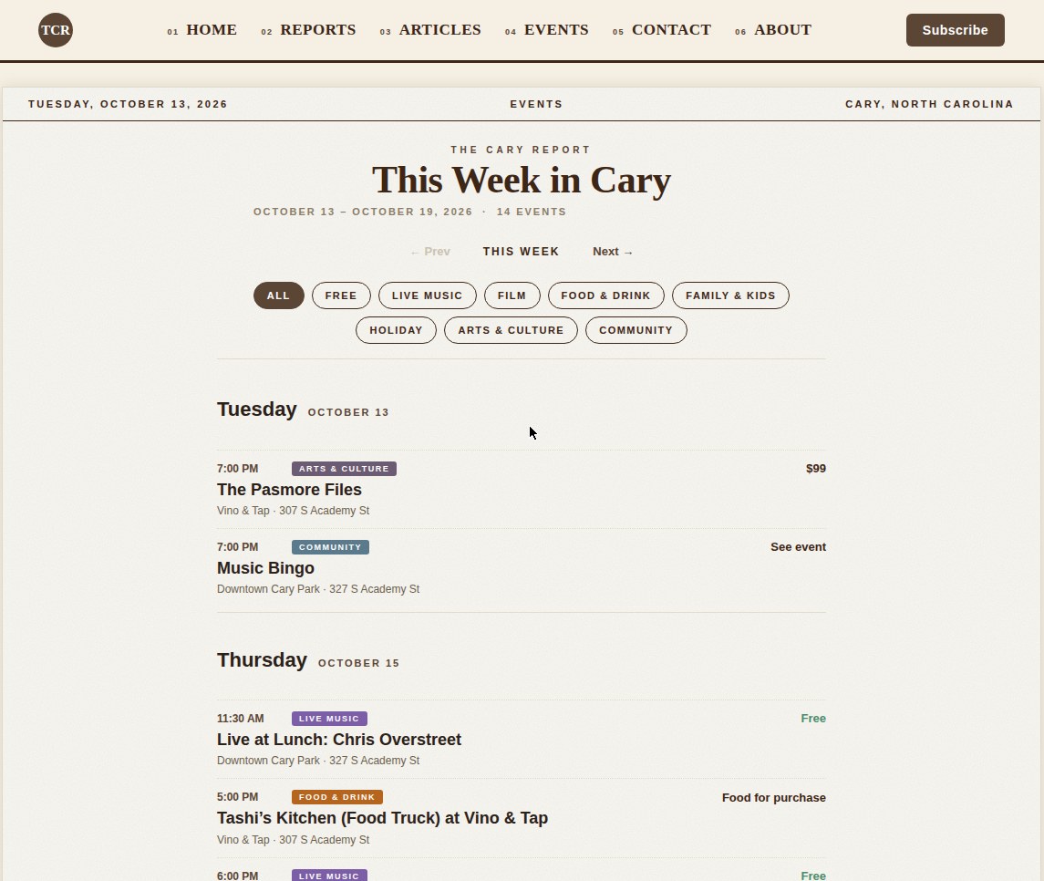The new This Week in Cary events page on thecaryreport.com