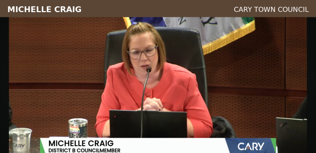 Council Member Michelle Craig speaking at the Cary Town Council meeting