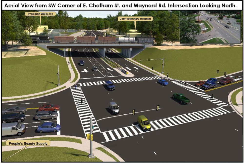 NCDOT rendering of Maynard Road passing under the railroad tracks near East Chatham Street