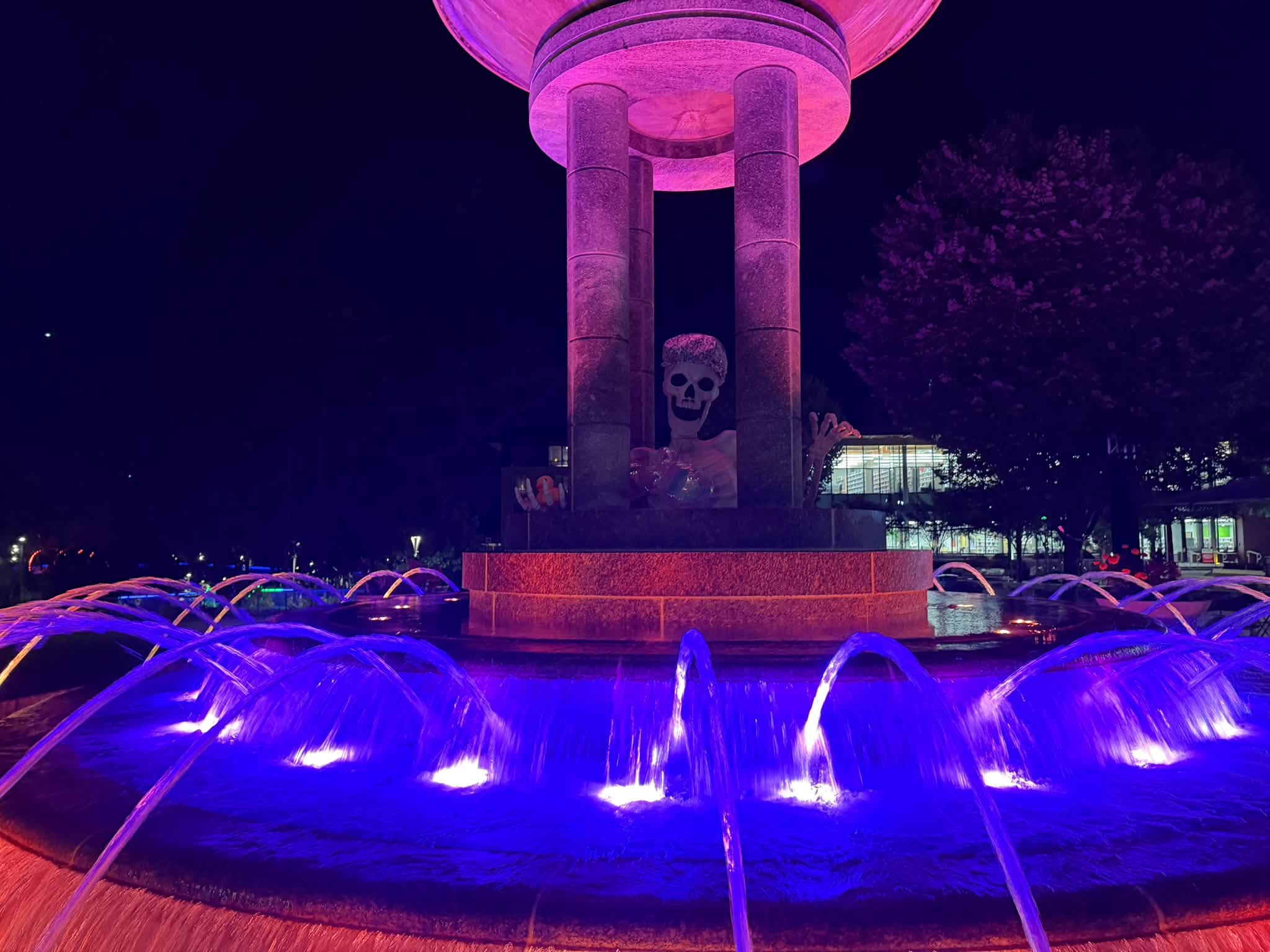 A skeleton in the fountain at Downtown Cary Park after dark
